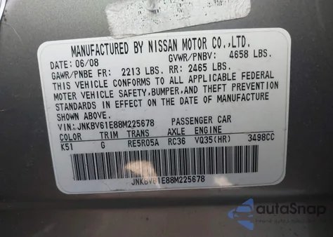 2008 Infiniti G35 Journey z USA, uszkodzony, nr VIN JNKBV61E88M225678